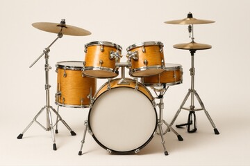a five-piece acoustic drum set with a natural wood finish and chrome hardware. 