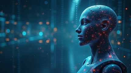 Artificial intelligence, ai futuristic digital technology, robot or android face close-up, digital smart future world concept