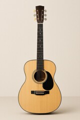 Naklejka premium an acoustic guitar standing upright against a neutral background.