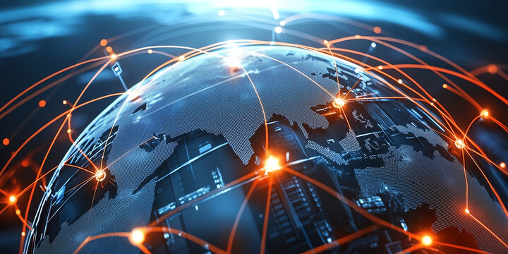 3D Business Network Concept with Connected Server Rooms to Represent Global Digital Connectivity and Technological Advancements in Business