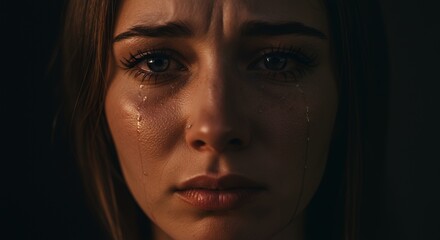Woman Crying Tears of Sadness in Closeup Portrait