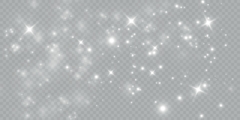 Christmas background. Powder PNG. Magic bokeh shines with white dust. Small realistic glare on a transparent Png background. Design element for cards, invitations, backgrounds, screensavers.