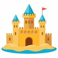 Sandcastle icon on a beach with blue waves and yellow sand
