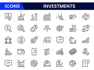 Investment, investor, risk management, economy, financial gain, money, coins symbols. Outline icon collection. Vector illustration