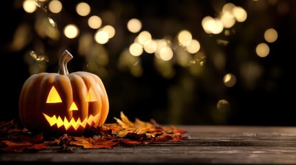 A Halloween pumpkin sits on a wooden table, its carved face glowing like a jack-o'-lantern, halloween wallpaper