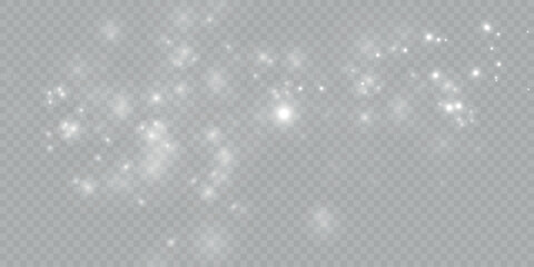 White sparkles glitter special light effect. Vector sparkle on transparent background. Christmas miniature drawing. Sparkling particles of magic dust
