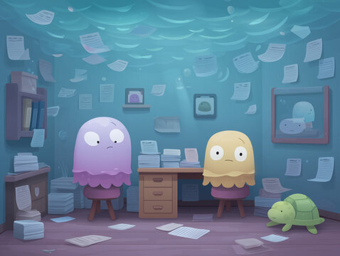 A bureaucratic jellyfish stamping documents in an underwater office filled with floating paperclips and confused sea turtles