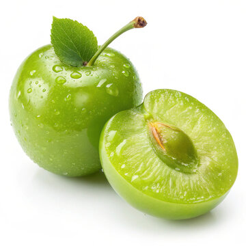 Fresh greengage plums, a highly regarded variety with a juicy slice and organic leaf features splashing water drops on a healthy natural fruit isolated on white background for nutrition and freshness