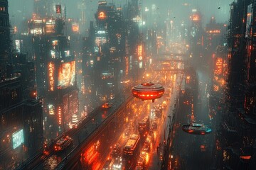 Futuristic cityscape with flying vehicles and neon lights at night.