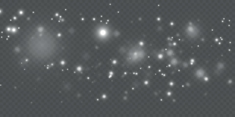 White sparkles glitter special light effect. Vector sparkle on transparent background. Christmas miniature drawing. Sparkling particles of magic dust