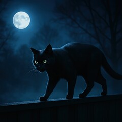 Mysterious Black Cat Walking on Fence in Moonlit Backyard Night Scene with Glowing Eyes