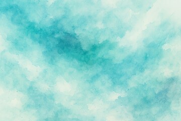 Abstract Turquoise and Teal Watercolor Background with Shades of Cyan, Mint, and White, Featuring Pastel Brush Strokes Resembling a Dramatic Sky and Clouds, Ideal for Winter Themes