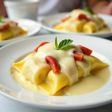 Close-up shot of ravioli filled with salami and muzzarella, topped with creamy alfredo sauce and melted mozzarella, on a white plate , salami, parmesan, muzzarella