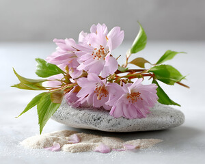 Delicate pink blossoms on a smooth grey stone, resting on light beige sand