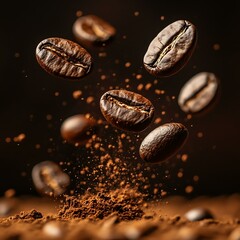 Floating coffee beans with ground coffee dust.