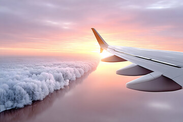 Obraz premium Airplane wing view above clouds at sunset