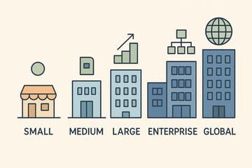 Illustration of Businesses Categorized by Size: Small, Medium, Large, Enterprise, and Global with Iconographic Representation for Growth and Structure