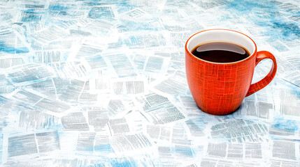 Orange coffee cup standing on a table covered with scattered newspapers