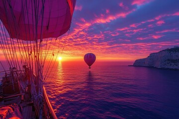 Sunrise hot air balloon over sea from ship deck