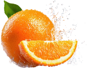 Vibrant juicy orange splash close-up fruit photography in fresh kitchen environment