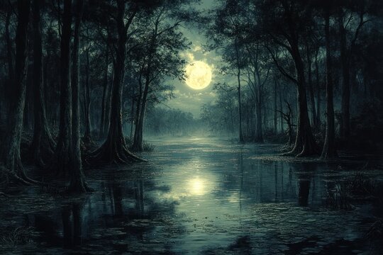 Moonlit swamp forest at night