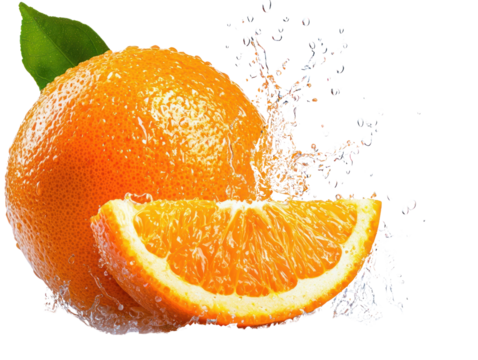 Vibrant juicy orange splash close-up fruit photography in fresh kitchen environment