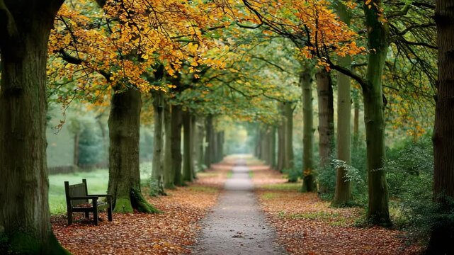 Inviting autumn path lined with trees leading toward the distance, with a bench in the foreground.