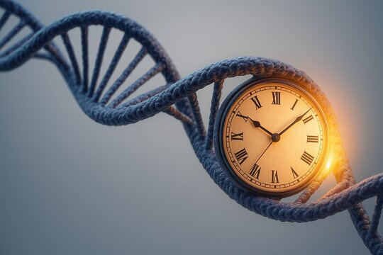 Telomere Aging Clock DNA Strand Conceptualizing Human Longevity and Biological Time with Clock Mechanism in Genetics and Cellular Ageing Imagery for Science and Medicine