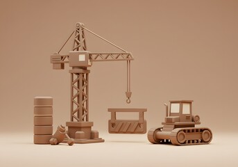 Crane Lifting Object Beside Bulldozer on Beige Background