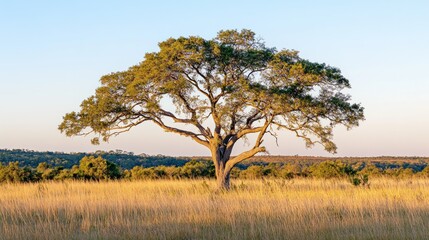 Obraz premium A large tree standing alone in a wide open grassy field