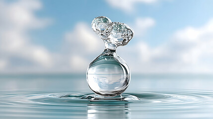 Crystal-clear water droplet poised above calm water, reflecting sky