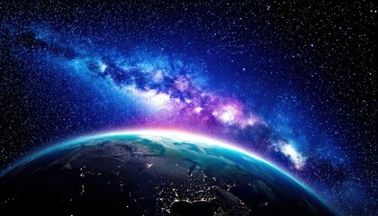 Fototapeta premium Spectacular view of Earth curved surface and illuminated cities beneath a glowing Milky Way galaxy stretching across starry space.