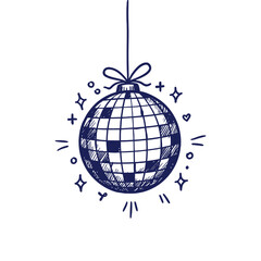 Hand drawn sketch illustration of a sparkling disco ball ornament hanging with bow, isolated monochrome icon with mirror facets and shiny sparkle effects vector