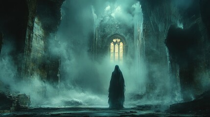 Obraz premium Mysterious figure in ancient, misty ruin