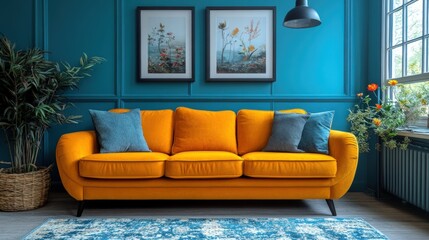 Living room with orange sofa blue wall art and plants creating a cozy space.