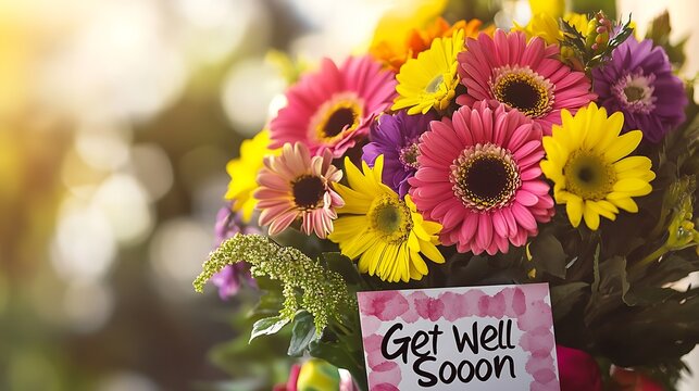 Colorful gerbera daisy bouquet with get well soon card on a sunny day.