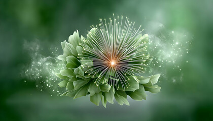 Glowing green floral abstract artwork with radiating light and soft smoke