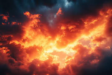 Fototapeta premium Bright orange & yellow sunset sky with clouds.