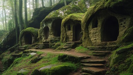 Ancient, mossy rock dwellings nestled in a misty forest.  Stone structures, overgrown with moss, create a mystical atmosphere.  A path leads to the dwellings, flanked by lush greenery