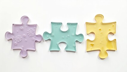 Obraz premium Three colorful translucent puzzle pieces perfect for illustrating teamwork, problem solving, collaboration, and diversity concepts in designs. Great for presentations.