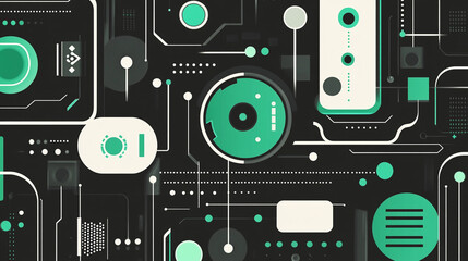 Abstract technological circuit board design with geometric shapes and lines.