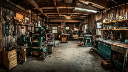 A well equipped workshop interior with tools and equipment clearly visible