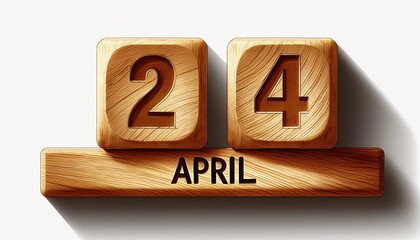 Illustration of wooden blocks with date 24 April. Day and month, simple calendar