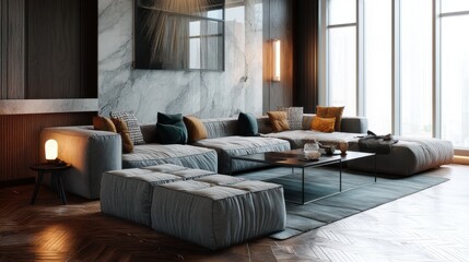 Obraz premium A modern sectional sofa in a stylish living room. Gray and blue tones create a calming atmosphere. The large windows offer natural light and a stunning view.