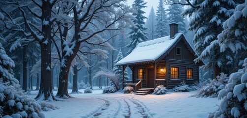 Fototapeta premium A cozy wooden cabin nestled in a serene forest, blanketed in soft, white snow. Pine trees surround the cabin, their branches heavy with fresh snowfall, creating a picturesque winter scene.