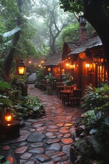 Obraz premium Stone path leads to a building with warm lights surrounded by lush greenery.