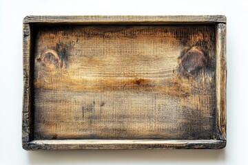 Obraz premium Rustic wooden tray. Empty rectangular wooden tray with a worn, weathered appearance. Perfect for displaying food or other items