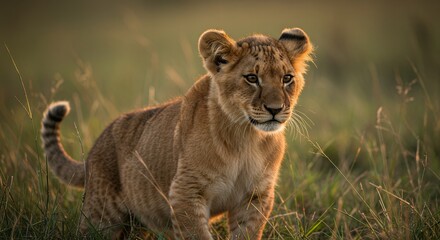 Fototapeta premium Lion Cub Exploring Grassy Field at Golden Hour