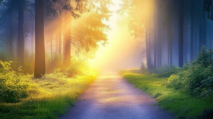 The forest path bathed in sunlight illuminates the quiet trail