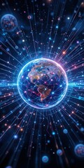 Fototapeta premium A vibrant blue Earth is depicted at the center, surrounded by shimmering stars and glowing lines that create a dynamic network, symbolizing connectivity and the vastness of space.